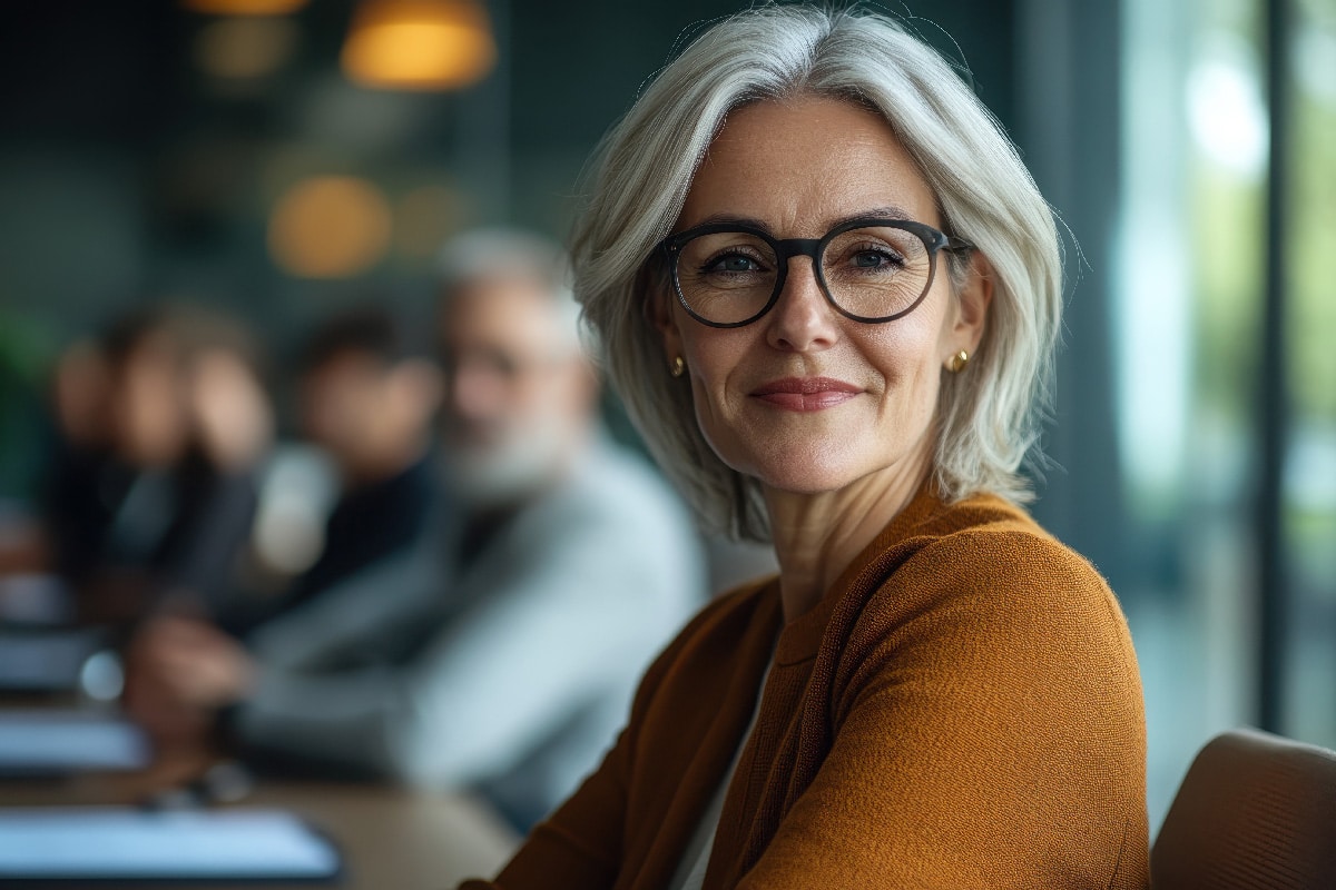 ine lächelnde, erfahrene Frau mit grauem Haar und Brille, die an einem Besprechungstisch im Unternehmen sitzt.